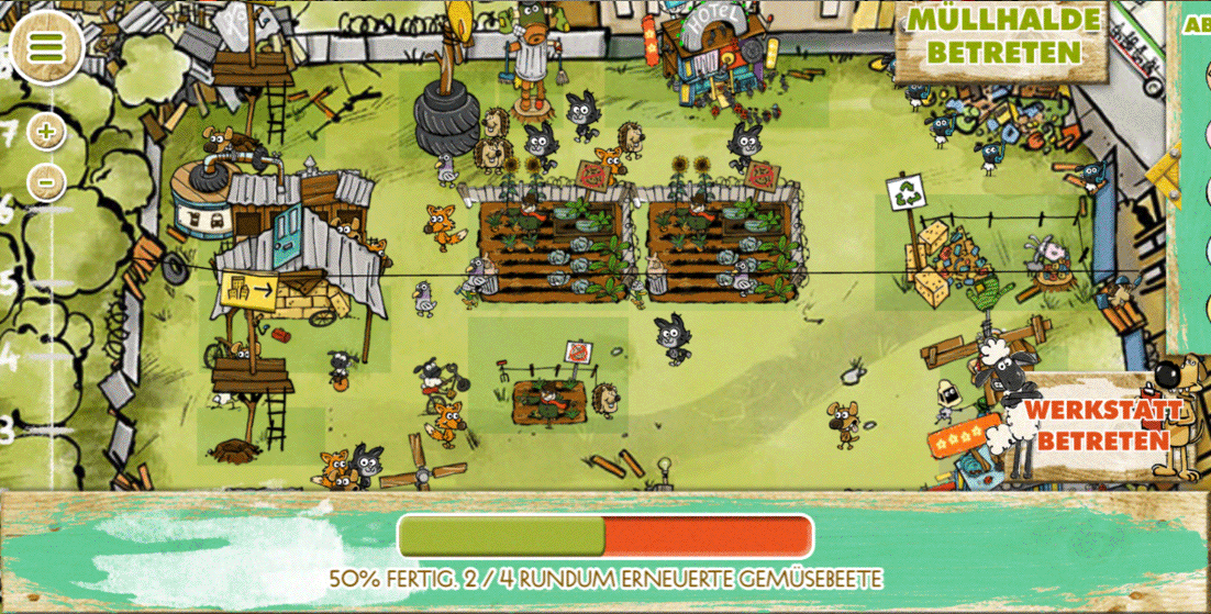 Ein Screenshot aus der App "Nachhaltiger Shaun" mit einer Spielkarte und animierten Figuren