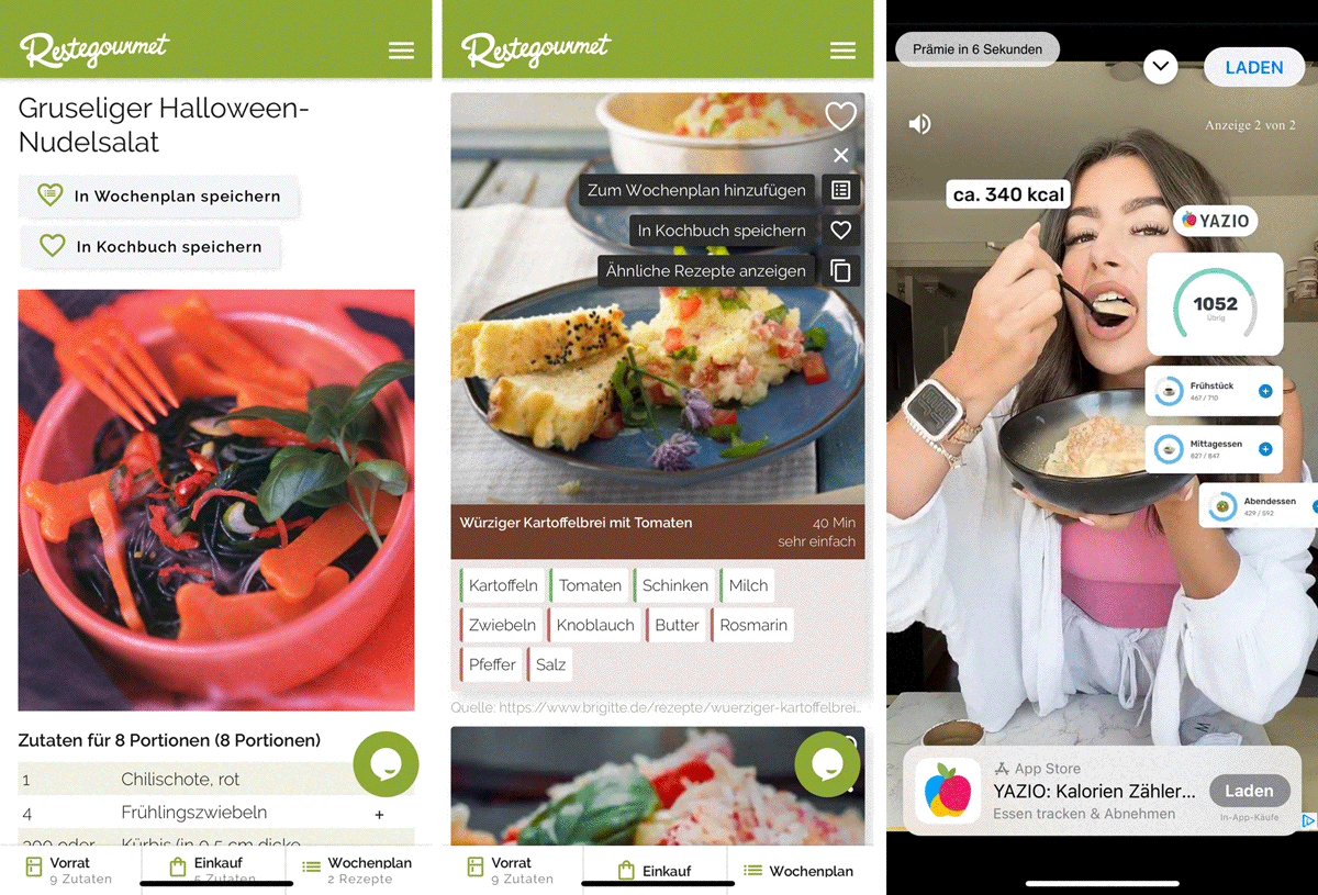 Verschiedene Funktionen der App "Restegourmet" zum ressourcensparenden Kochen