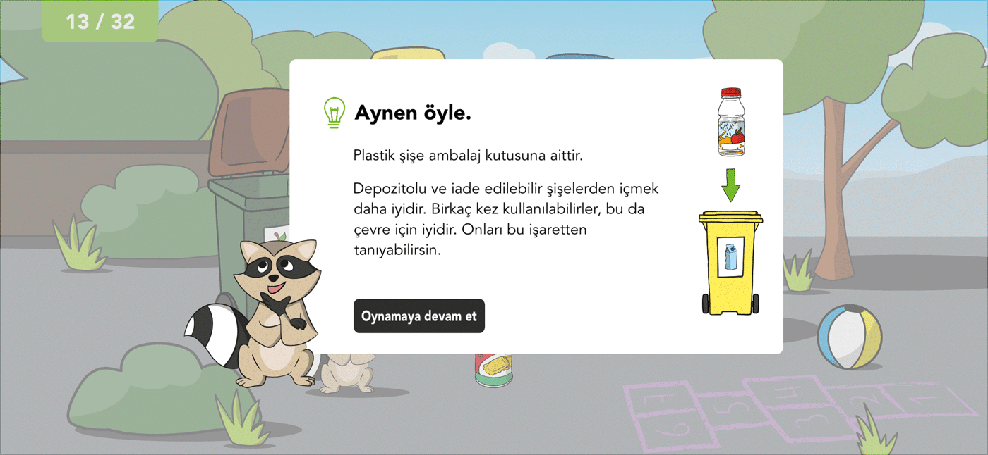 Screenshot der App "wirfuerbio Sortierspiel" mit einem Text zum Thema Mülltrennung auf türkisch