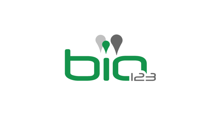 Schriftzug "bio123" mit Ortsmarkierungen als Logo der gleichnamigen App